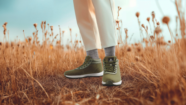 Feet in olive green trainers and grey socks stand in tall, golden autumn grass. The person is wearing beige trousers.
