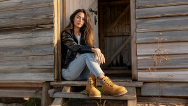 A young woman in a black jacket and light-coloured jeans sits on a wooden veranda in front of a rustic wooden hut. She is wearing brown boots and the scene is bathed in warm sunlight.