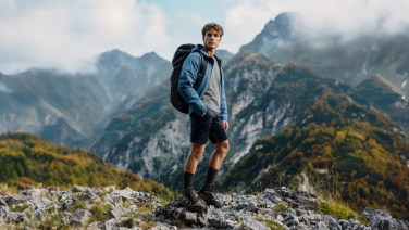 A young man with a rucksack stands on a rocky mountain peak. In the background, a dramatic mountain landscape stretches out with wooded slopes and mist-shrouded peaks.