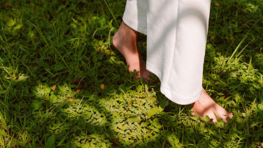 A person in white trousers walks through lush green vegetation and touches young plants with both hands. The scene shows a natural garden setting with various green plants, grasses and wild herbs in different shades of green.