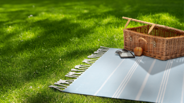 Picnic blanket with white and green stripes on a sunny meadow, with a wicker basket and a smartphone on top, surrounded by shady grass.