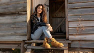 Woman in black leather jacket and yellow boots sitting in the doorway of a weathered wooden hut
