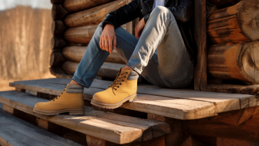 Person wearing beige merino wool boots by Giesswein sits relaxed on a wooden bench in front of a woodpile in a cabin atmosphere.