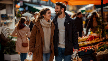 A smiling couple strolls through a weekly market.