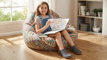 A girl is sitting, smiling, in a colourfully patterned beanbag, colouring in a book and wearing grey Giesswein slippers.