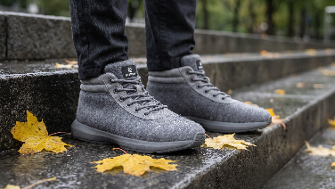 A close-up of the feet of a person wearing dark trousers, standing on wet stone steps amongst yellow autumn leaves. They are wearing grey merino wool boots with a high shaft and laces.