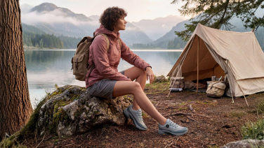 A woman in a rose-coloured outdoor jacket is sitting on a moss-covered rock by a mountain lake. She is wearing light blue-grey outdoor shoes with a twist fastening.