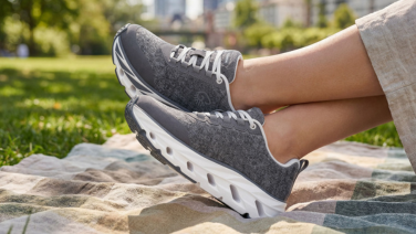 Giesswein trainers in grey with merino wool upper, white laces and white wavy sole. The person is sitting on a blanket outdoors, with green spaces and blurred city architecture visible in the background.