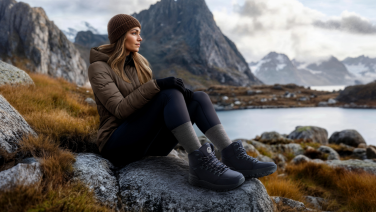 Woman in outdoor clothing sitting on rocks by a mountain lake wearing dark Giesswein boots
