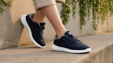 Close-up of dark blue merino sneakers with white soles on the feet of a person wearing beige trousers, standing on a stone staircase in front of a green wall.