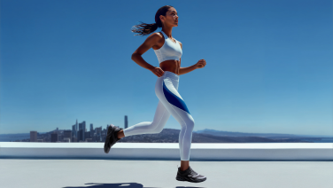 Woman in a white sports outfit with blue accents running on a rooftop terrace. She is wearing black Giesswein running trainers. In the background, a city skyline against a blue sky.